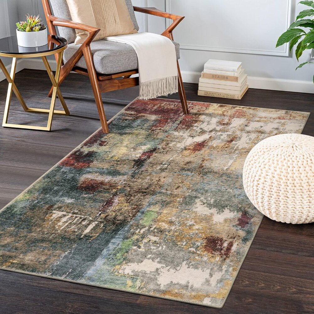 New 3x5 Modern Abstract Rug, Washable Non-Slip Faux Wool Carpet for Home & Entry